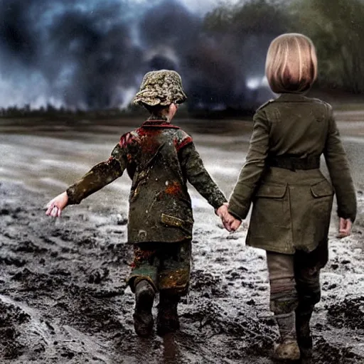 Prompt: little girl holding the hand of a ww 2 soldier as they walk down a muddy road in the french countryside past a destroyed tank on fire, photorealistic, vivid colors