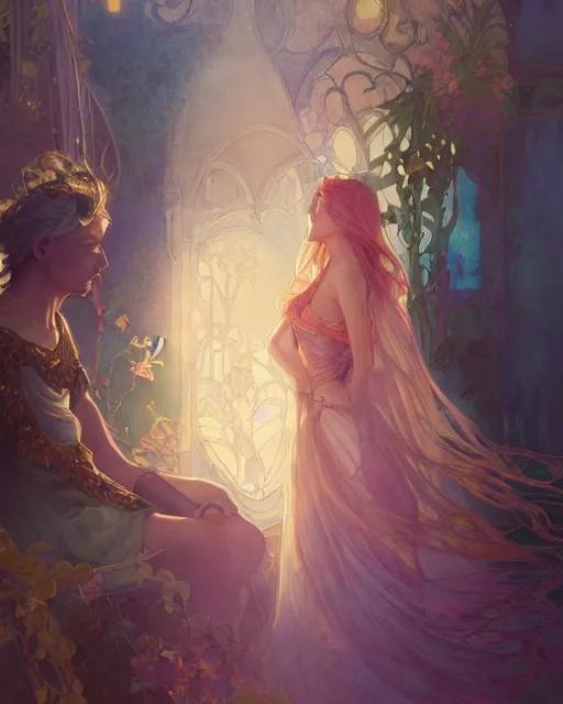 Image similar to secret romance, highly detailed,, gold filigree, romantic storybook fantasy, soft cinematic lighting, award, disney concept art watercolor illustration by mandy jurgens and alphonse mucha and alena aenami, pastel color palette, featured on artstation