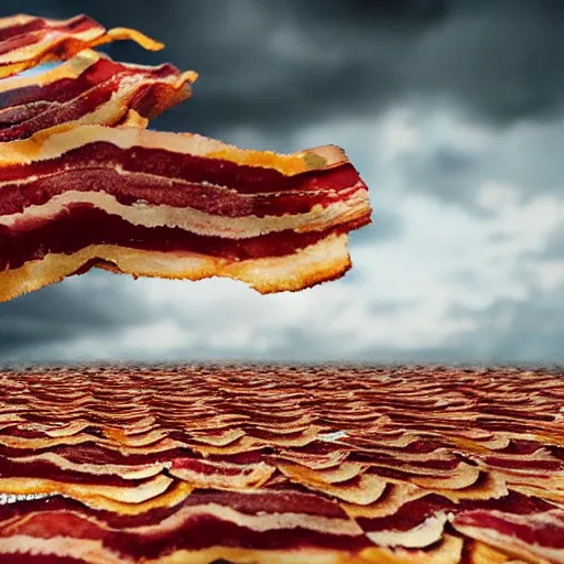 Image similar to strips of bacon falling out of the sky, ultra realistic, photorealistic, cinematic