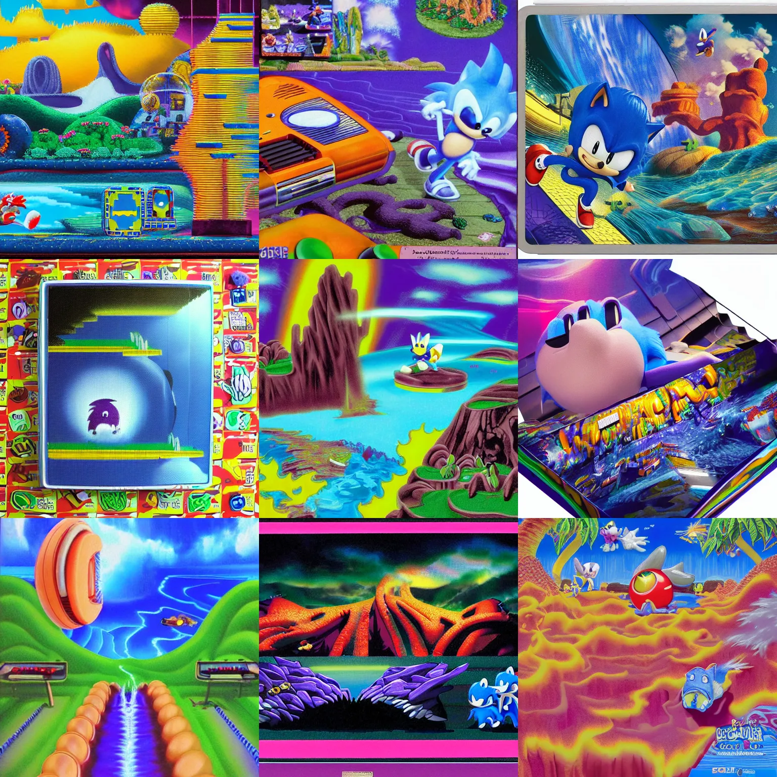 Prompt: sonic hedgehog dreaming of puffy closeup portrait colossal claymation scifi matte painting landscape of a surreal lava, retro moulded professional wooden pastels high quality airbrush art tawdry album peaceful of a liquid dissolving airbrush art lsd sonic the hedgehog swimming through cyberspace purple ambiguous checkerboard background 1 9 8 0 s 1 9 8 2 sega genesis video game album cover