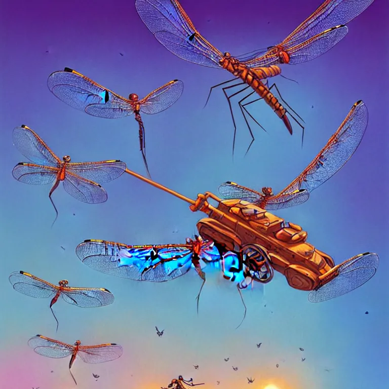 Image similar to a horde of dragonflies using cables to lift a tank, mid-air, suspended, fantasy, sunspots, motion, digital art by RHADS and Moebius, artstation