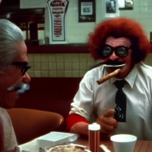 Image similar to A still of Ronald McDonald smoking a cigar in a diner from a gritty 1970s film directed by Martin Scorsese