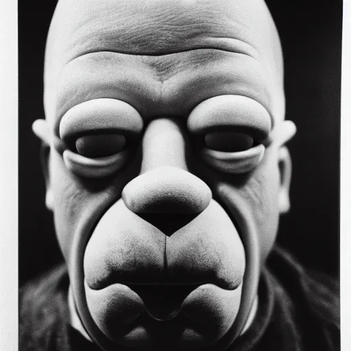 Prompt: portrait of a Homer Simpson impersonator by Diane Arbus, 88mm, black and white