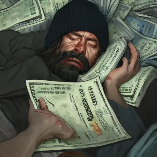 Prompt: character concept art of a hobo sleeping in a blanket of dollar bills, key visual, realistic shaded perfect face, fine details, dystopian environment and background, by stanley artgerm lau, wlop, rossdraws, james jean, andrei riabovitchev, marc simonetti, and sakimichan, trending on artstation in disco elysium