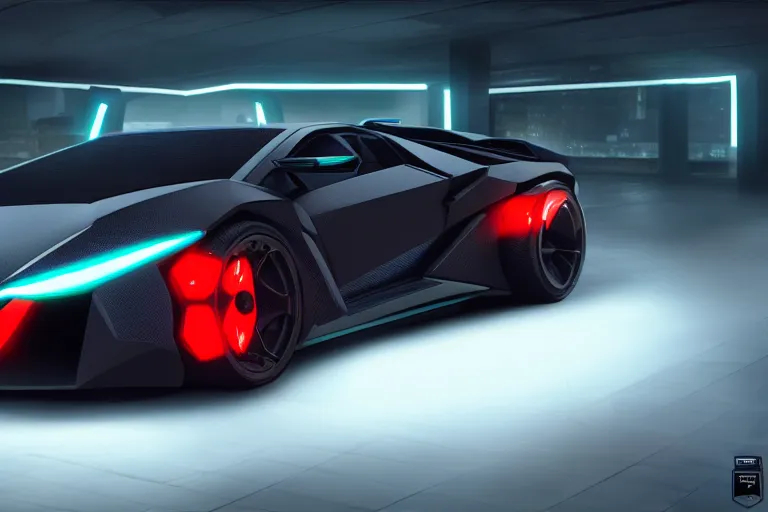 Image similar to cyberpunk lamborghini concept inspired sports car, futuristic look, highly detailed body, very expensive, photorealistic camera shot, bright studio setting, studio lighting, crisp quality and light reflections, unreal engine 5 quality render