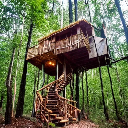 Prompt: treehouse covered in vines with a natural wooden staircase in the tree in an epic forest with a campfire at the base