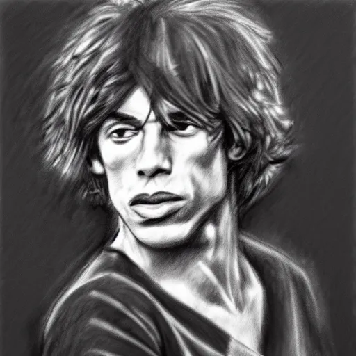 Prompt: expressive rough sketch charcoal portrait of young mick jagger, trending on instagram