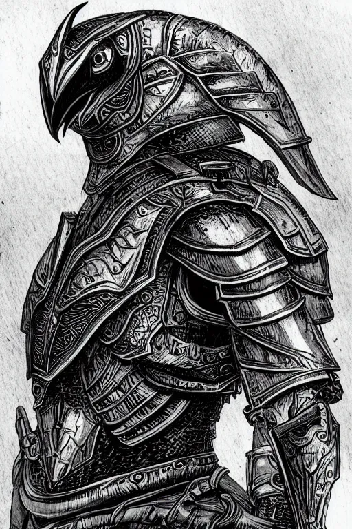 Image similar to armoured warrior, long beak, crows feet, symmetrical, highly detailed, digital art, crow themed armour, sharp focus, trending on art station, kentaro miura manga art style