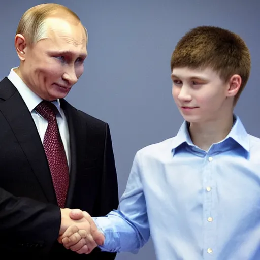 Image similar to A photo of putin teams up with a teenage putin, perfect faces, 50 mm, award winning photography