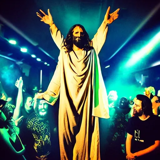 Image similar to jesus in a nightclub at a rave