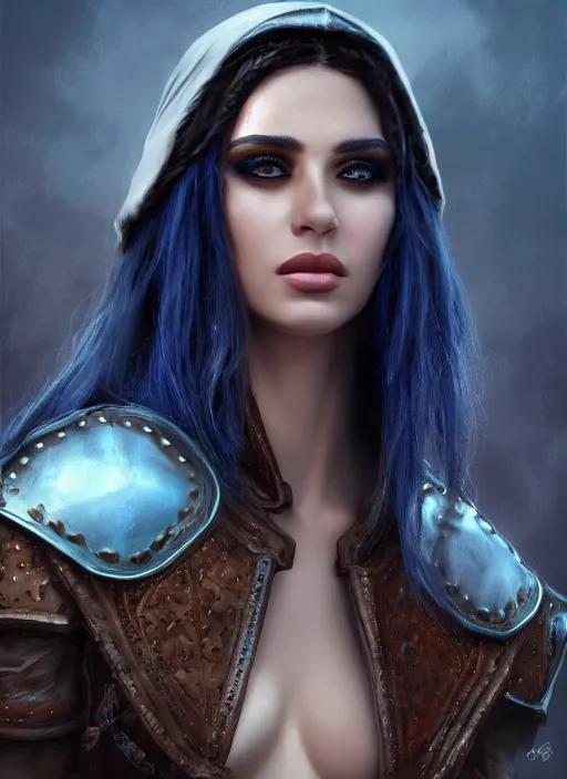 Image similar to Beautiful Arab girl with blue eyes, leather, portrait, fantasy, medieval, vivid colors, fantasy, elegant, concept art, sharp focus, beautiful face, digital art, Hyper-realistic, 4K, Unreal Engine, Highly Detailed, HD, Dramatic Lighting by Brom, trending on Artstation