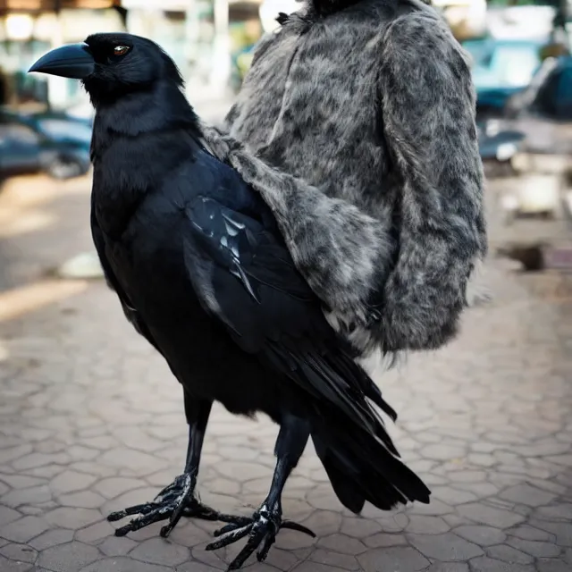 Image similar to a person wearing a fursuit of a crow fursona, fursona, photograph, furry fandom, photorealistic,