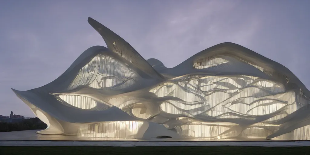 Prompt: extremely detailed ornate stunning sophisticated beautiful house by zaha hadid, stunning volumetric light, sunset, concrete and translucent material, stunning skied, 8k