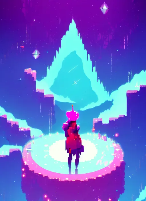 Image similar to a person upspiraling to the sparkles of crystal, diamond and rose quartz, going into dark infinity, beautiful high quality art in hyper light drifter style, trending on artstation