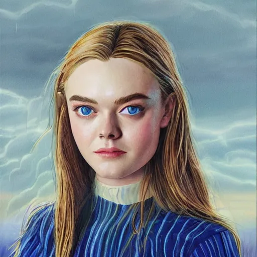 Prompt: professional painting of Elle Fanning in the style of Kingdom Come by Mark Waid, head and shoulders portrait, symmetrical facial features, smooth, sharp focus, illustration, intricate, stormy weather, extremely detailed masterpiece,