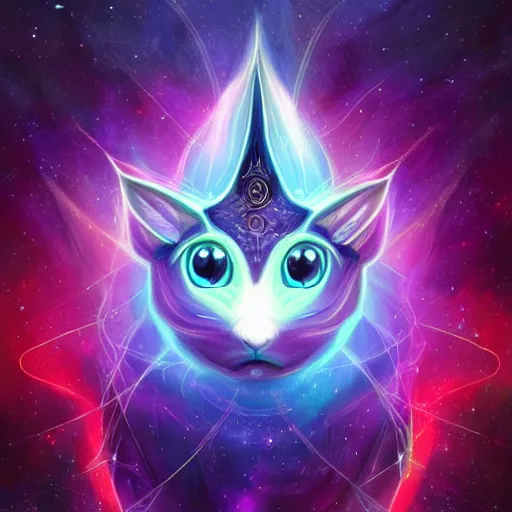 Prompt: geometric symmetrical espeon with galaxy eyes in space, nebula in the background, intricate, elegant, highly detailed, digital painting, artstation, concept art, smooth, sharp focus, illustration, art by artgerm