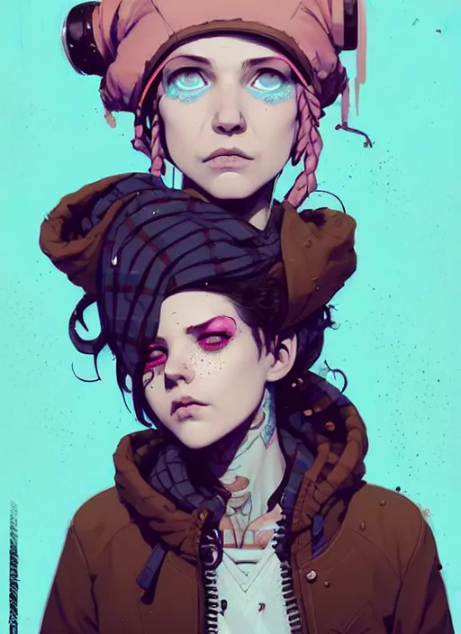 Image similar to highly detailed portrait of a sewer punk lady, blue eyes, tartan hoody, ringlet hair by atey ghailan, by greg rutkowski, by greg tocchini, by james gilleard, by joe fenton, by kaethe butcher, gradient pink, brown, light blue and white color scheme, grunge aesthetic!!! ( ( graffiti tag wall background ) )