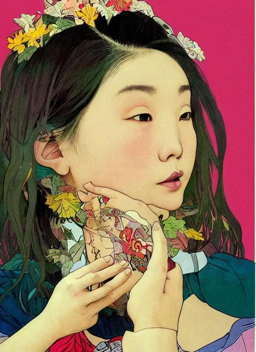 Image similar to colourful upper half portrait of an asian girl with proportions in the style of jack davis - presented in magazine collage style, art by hsiao - ron cheng & alphonse mucha, magazine collage, highly detailed, caricature, caricature, caricature digital painting, concept art, ray tracing, illustration, smooth, sharp focus, intricate, symmetry, pinterest, behance, artstation