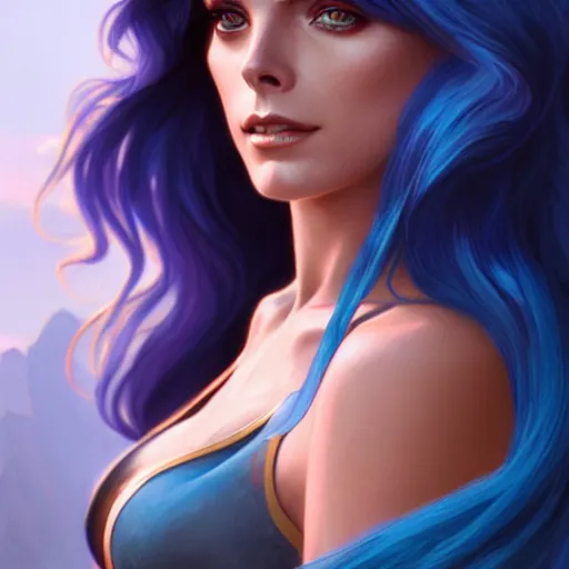 Prompt: Ashley Greene with blue hair as She-Ra, western, D&D, fantasy, intricate, elegant, highly detailed, digital painting, artstation, concept art, matte, sharp focus, illustration, art by Artgerm and Greg Rutkowski and Alphonse Mucha