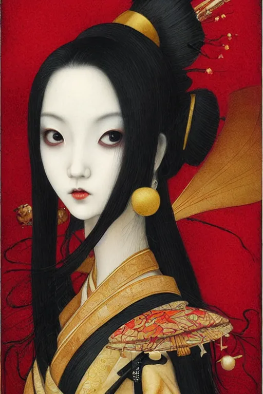 Prompt: watercolor painting of a japanese bjd geisha vampire with a long neck by tom bagshaw, amy sol, mark ryden in the style of a tarot card, dark - fantasy, red, gold, black