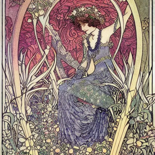 Prompt: a sharp, detailed, intricate, art nouveau floral fantasy illustration by walter crane, edmund dulac, arthur rackham, and mucha