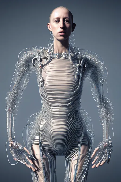 Image similar to young woman, iris van herpen, beautiful face, perfect symmetrical body, full body shot, inflateble shapes, wires, tubes, veins, jellyfish, white biomechanical details, wearing epic bionic cyborg implants, masterpiece, intricate, biopunk, vogue, highly detailed, artstation, concept art, cyberpunk, octane render