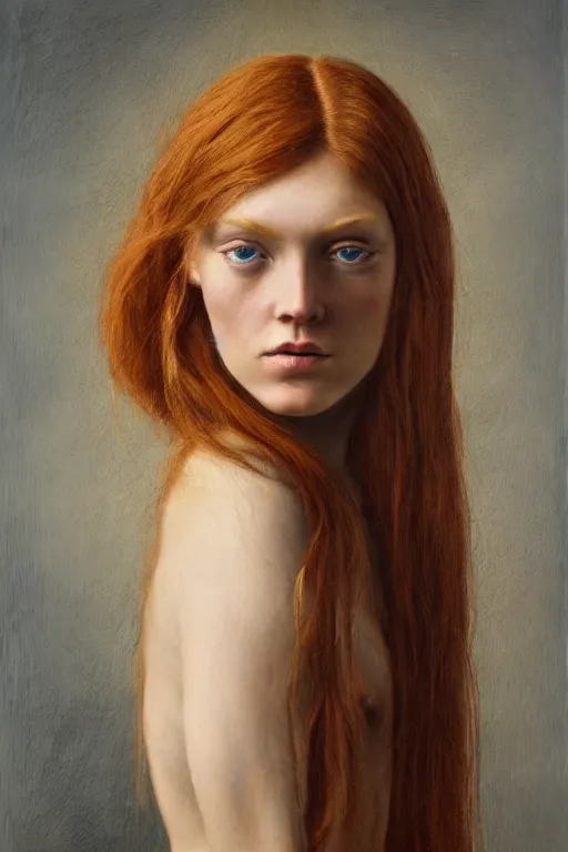 Prompt: hyperrealism close-up portrait of beautiful medieval ginger female goddess with long hair in front of millions hands, pale skin, wearing dark silk, in style of classicism