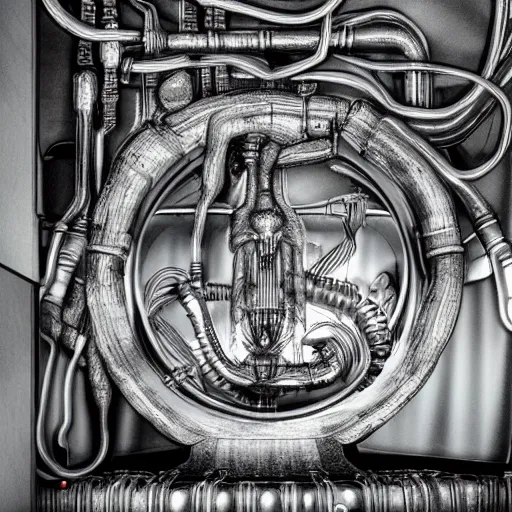 Image similar to a stream of water entering a machine made from organs and producing a coin in the style of H R Giger, 8k