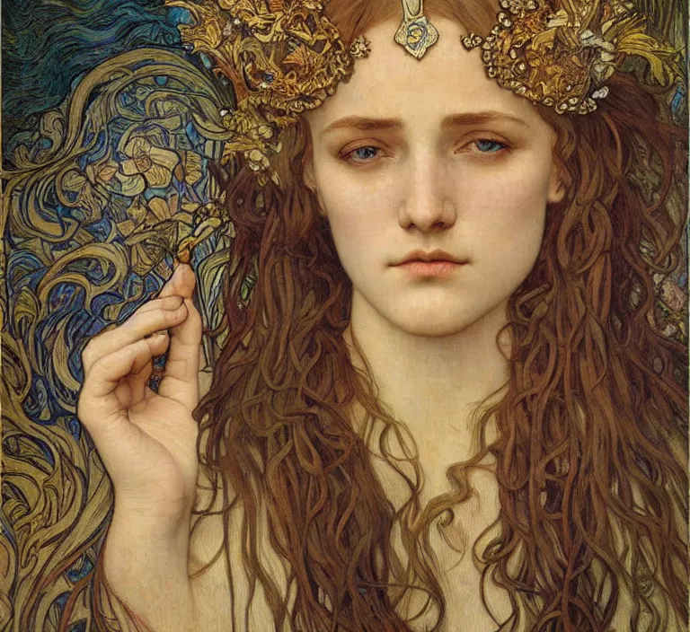 Image similar to detailed realistic beautiful young medieval queen face portrait by jean delville, alphonse mucha, vincent van gogh, and marco mazzoni, art nouveau, symbolist, visionary, gothic, pre - raphaelite