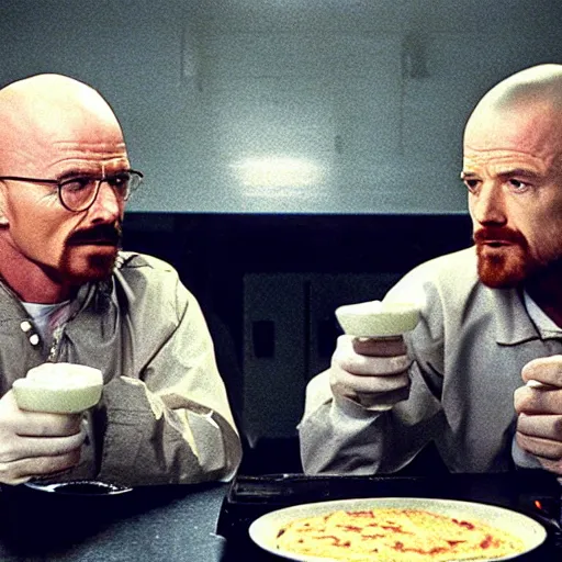 Image similar to walter white and jesse pinkman eating hamburger