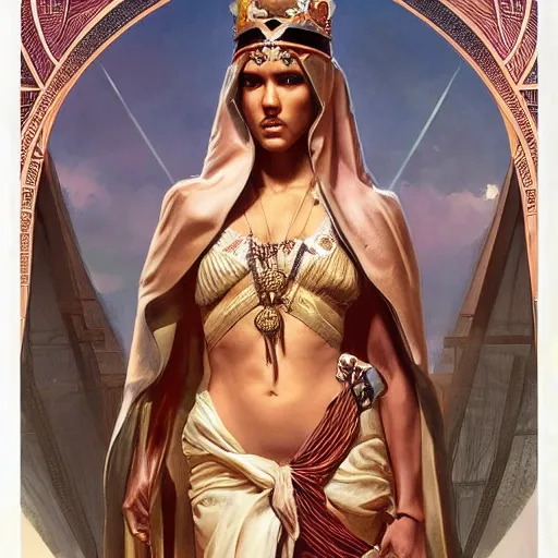 Image similar to jessica alba as queen, incredibly detailed face, wearing toga. true anatomy, symmetry, true anatomy, art by artgerm and greg rutkowski and alphonse mucha