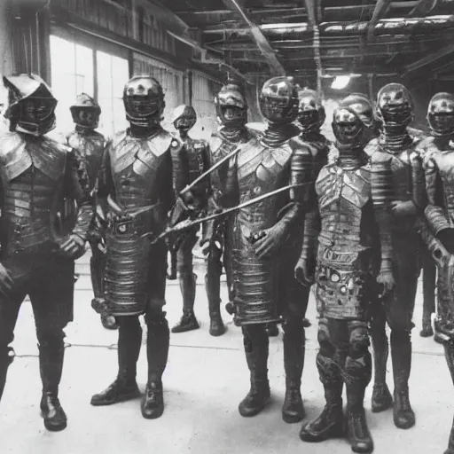 Prompt: grainy 1910s photo of a cybernetic warrior army standing unused inside a warehouse