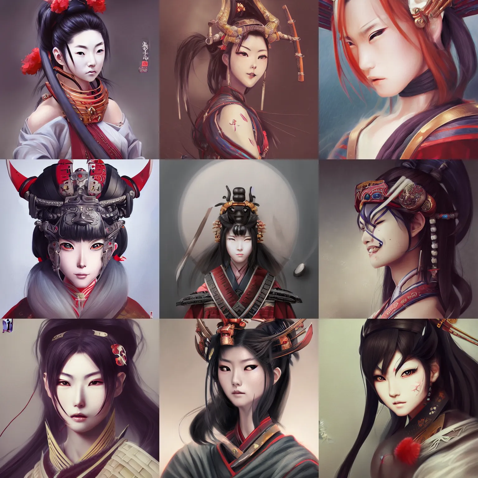 Prompt: A realistic anime portrait of a beautiful samurai woman with a Oni mask wearing samurai armor, digital painting, by Stanley Artgerm Lau, WLOP, and Rossdraws, digtial painting, trending on ArtStation, deviantart