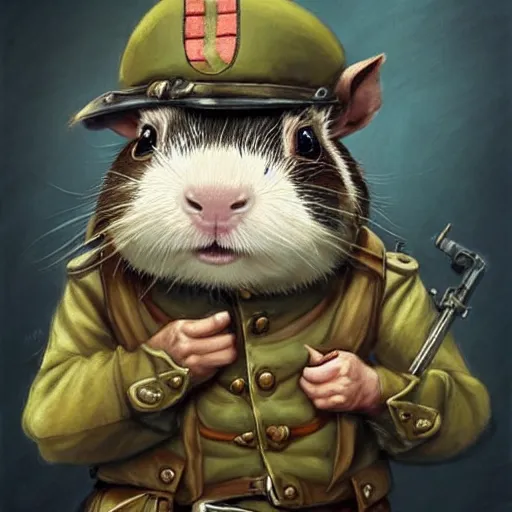 Image similar to cute little anthropomorphic Guinea Pig ww1 soldier, tiny, small, short, military outfit, cute and adorable, pretty, beautiful, DnD character art portrait, matte fantasy painting, DeviantArt Artstation, by Jason Felix by Steve Argyle by Tyler Jacobson by Peter Mohrbacher, cinema