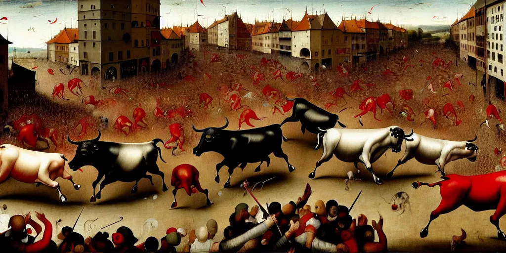 Image similar to the running of the bulls in pamplona, hundreds of people are fleeing from rampaging bulls in the city streets, art by hieronymus bosch, intricate, elegant, highly detailed, smooth, sharp focus, artstation