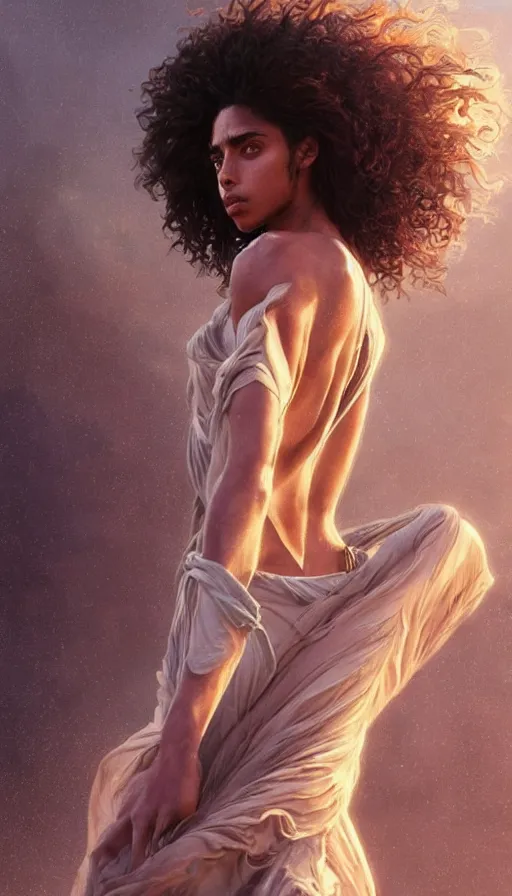 Image similar to imaan hammam, dancer, lord of the rings, sweaty insane, intricate, highly detailed, digital painting, artstation, concept art, smooth, sharp focus, illustration, unreal engine 5, 8 k, art by artgerm and greg rutkowski and alphonse mucha