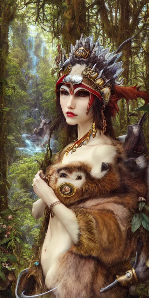 Image similar to hyper realistic Princess Mononoke wearing her mask, lush forest landscape, wolves, magic, castle, jewels, style of tom bagshaw, mucha, james gurney, norman rockwell, gems and gold, waterfalls, denoised, sharp,