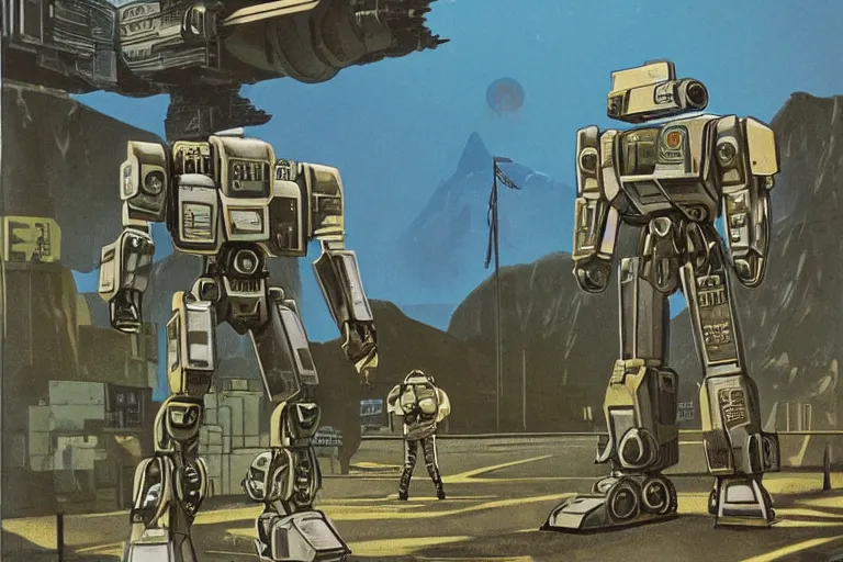 Image similar to 1 9 7 9 science fiction focusing on mechwarrior posing at street level in with beautiful scenery. depth of field art by tim conrad and vic bonilla