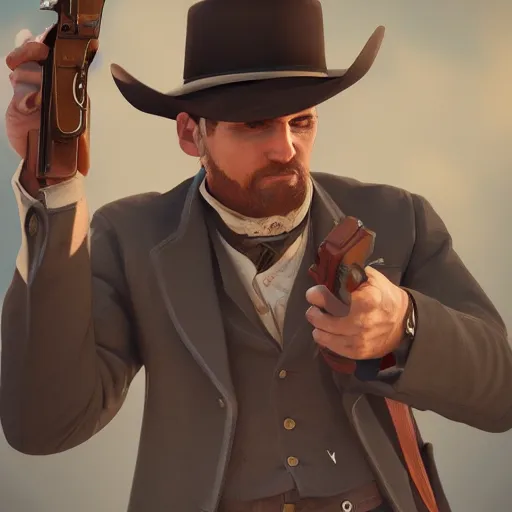 Image similar to well dressed preacher in the wild west holding a gun, 8k, artstation