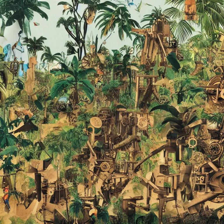 Prompt: a network of steampunk machinery in tropical nature, painted by Neo Rauch, 1970 magazine cut out collage