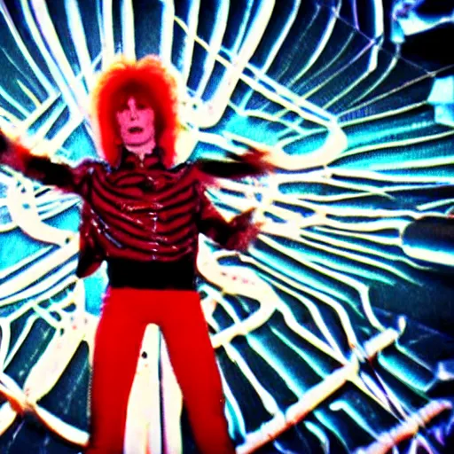 Image similar to ziggy stardust and the spiders from Mars anamorphic illusion 4k