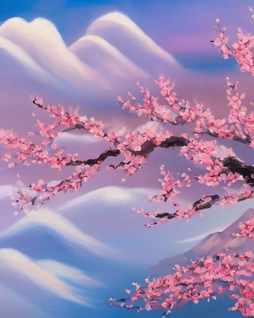 Image similar to a beautiful painting of peach blossoms on the clouds, brilliant peaks, dense fog, early morning, by by yoneyama mai, trending on artstation