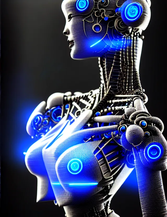 Prompt: complex 3 d synthwave robot women, portlet photo, blue silver and black, fractal veins. cyborg, 1 5 0 mm, beautiful natural soft light, rim light, fractal details, fine lace, mandelbot fractal, anatomical fractal, glass facial muscles, elegant, ultra detailed, metallic armor, octane render