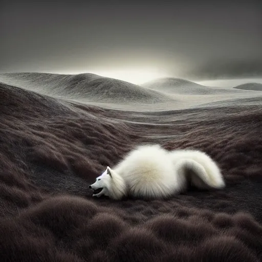 Prompt: giant sleeping ( ( samoyed ) ) creature creature in a tundra landscape, dramatic lighting, moody : : by michal karcz, daniel merriam, victo ngai and guillermo del toro : : ornate, dynamic, particulate, intricate, elegant, highly detailed, centered, artstation, smooth, sharp focus, octane render, 3 d