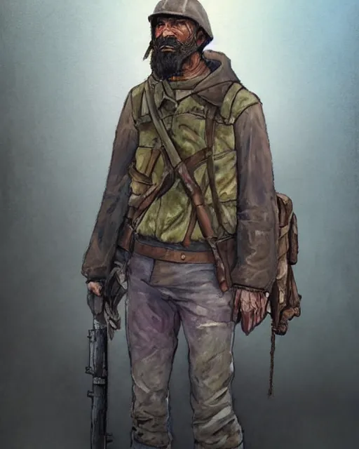 Image similar to a oil / watercolor painting full body character portrait of a homeless soldier past his prime in the style of moebius in the style of leonard boyarsky trending on artstation deviantart pinterest detailed photorealistic highlights and shadow hd 8 k post - processing high resolution