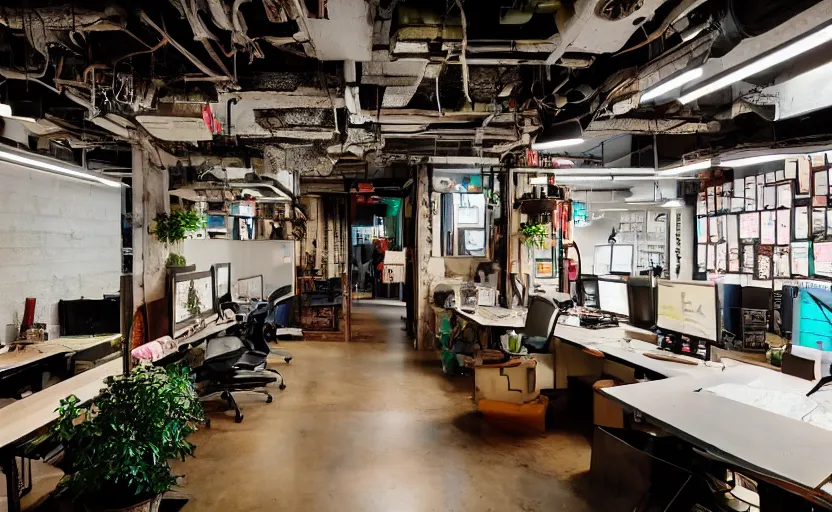 Prompt: Maximalist Japanese work space interior, multiple desks, cupboards, old brick walls, concrete, neon signs, plants, cyberpunk, large windows, Akihabara style