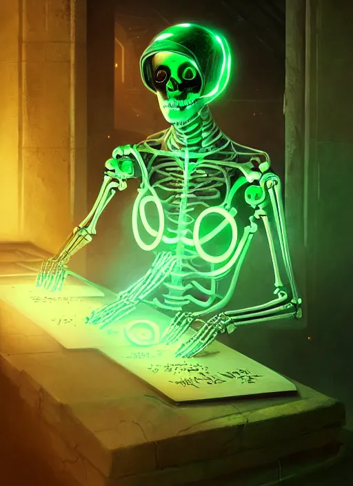 Image similar to portrait of futuristic cyber bionic skeleton writing runes into tombstones, runes, runic words, ancient evil letters, glowing green, intricate, elegant, glowing lights, highly detailed, digital painting, artstation, concept art, smooth, sharp focus, illustration, art by wlop, mars ravelo and greg rutkowski