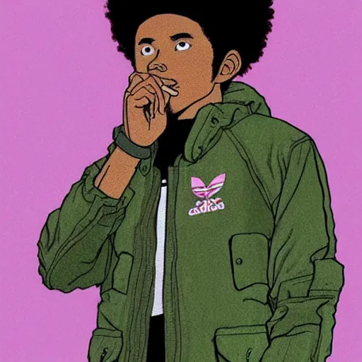 Image similar to illustration by katsuhiro otomo, black man with afro hair, stubble, wearing an adidas army green jacket, in the streets of tokyo, akira style, by katsuhiro otomo