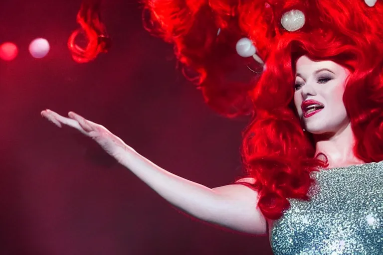 Image similar to movie scene portrait closeup, red hair, red sequin dress, real life jessica rabbit singing beautifully on stage, stage lighting by emmanuel lubezki