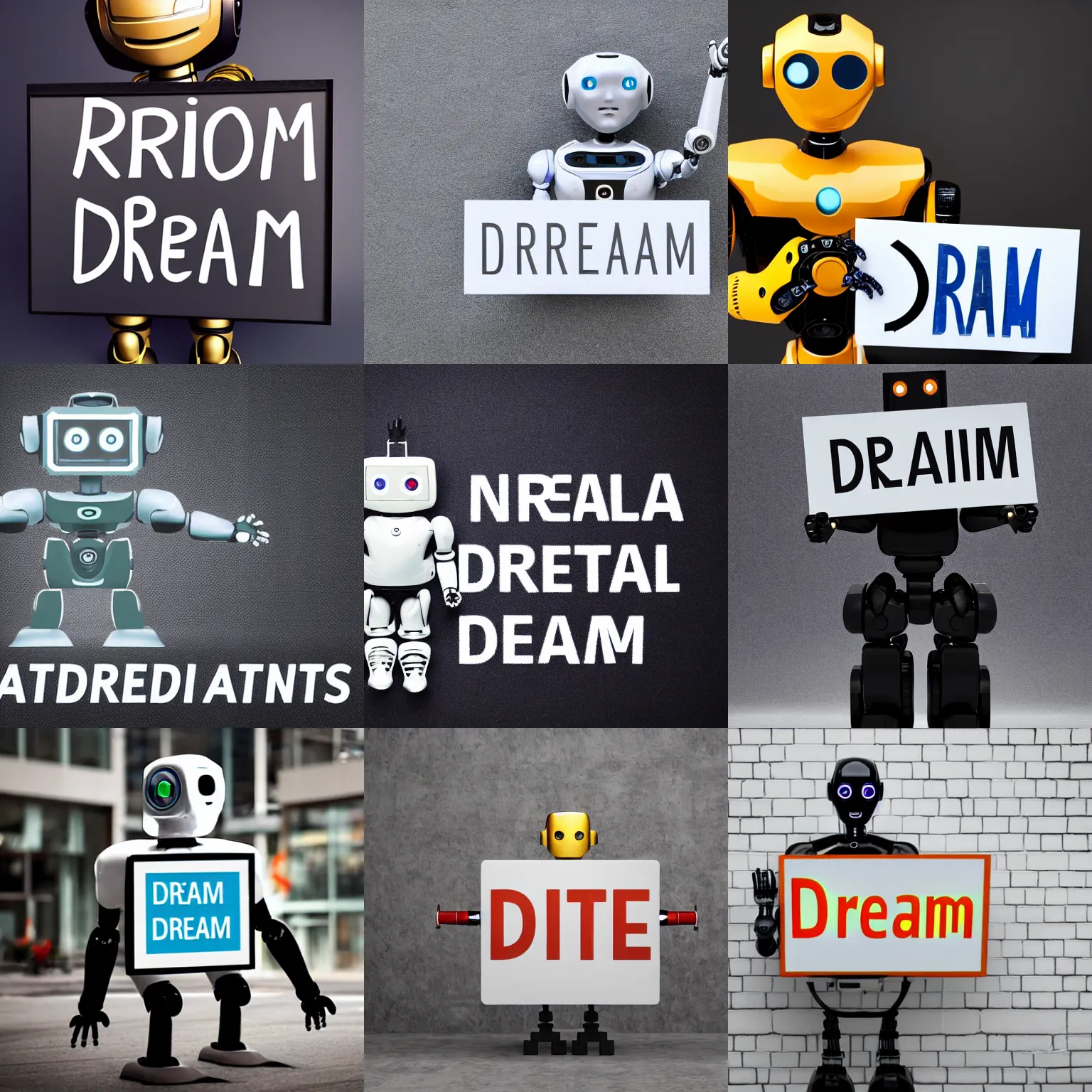 Image similar to artificial intelligence robot holding a sign with text that reads : dream